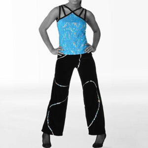 Grayscale model wearing black velvet wide leg pants with silver sequin trim paired with a turquoise and silver spotlight sequin patterned top with black straps and trim at the neckline.
